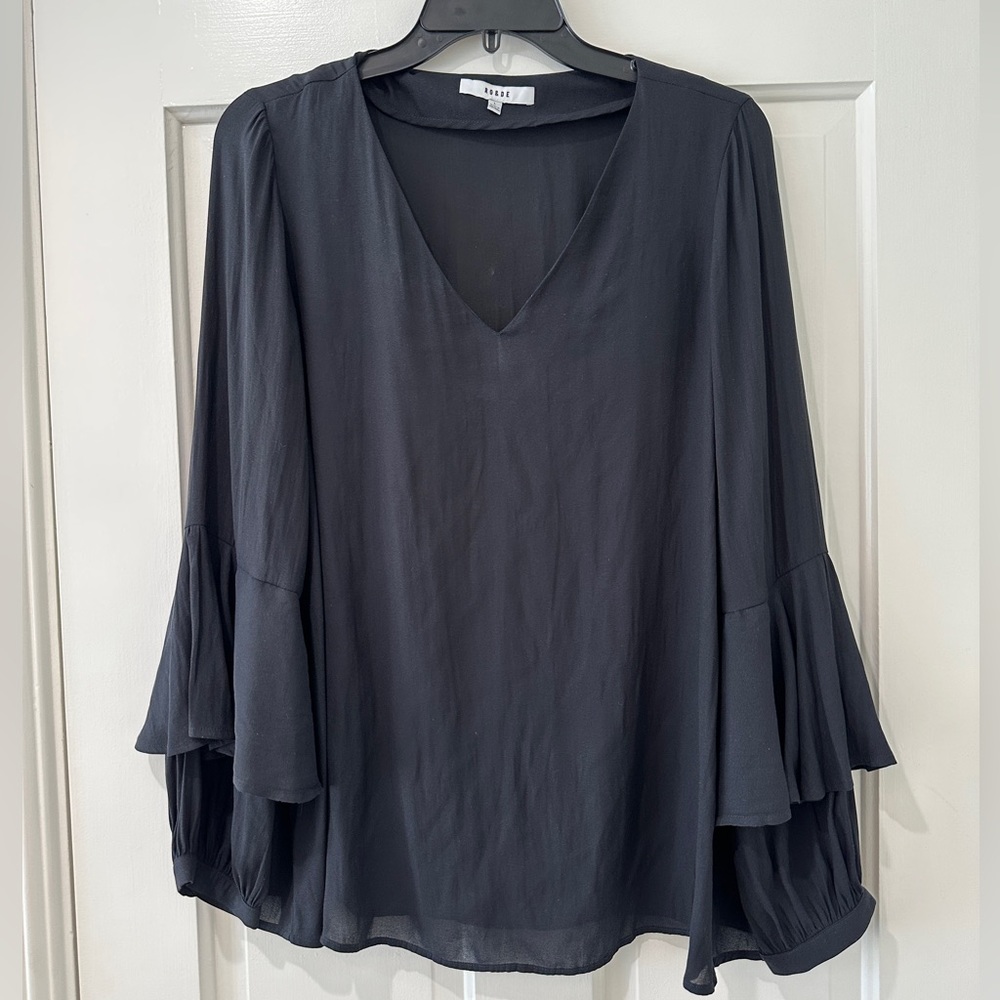 Ro & De black womens work blouse v neck flowy ruffle sleeve top